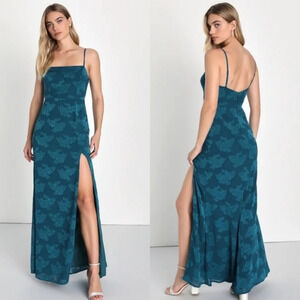 Lulu's Lovely Affair Teal Blue Floral Burnout Sleeveless Maxi Dress S Party